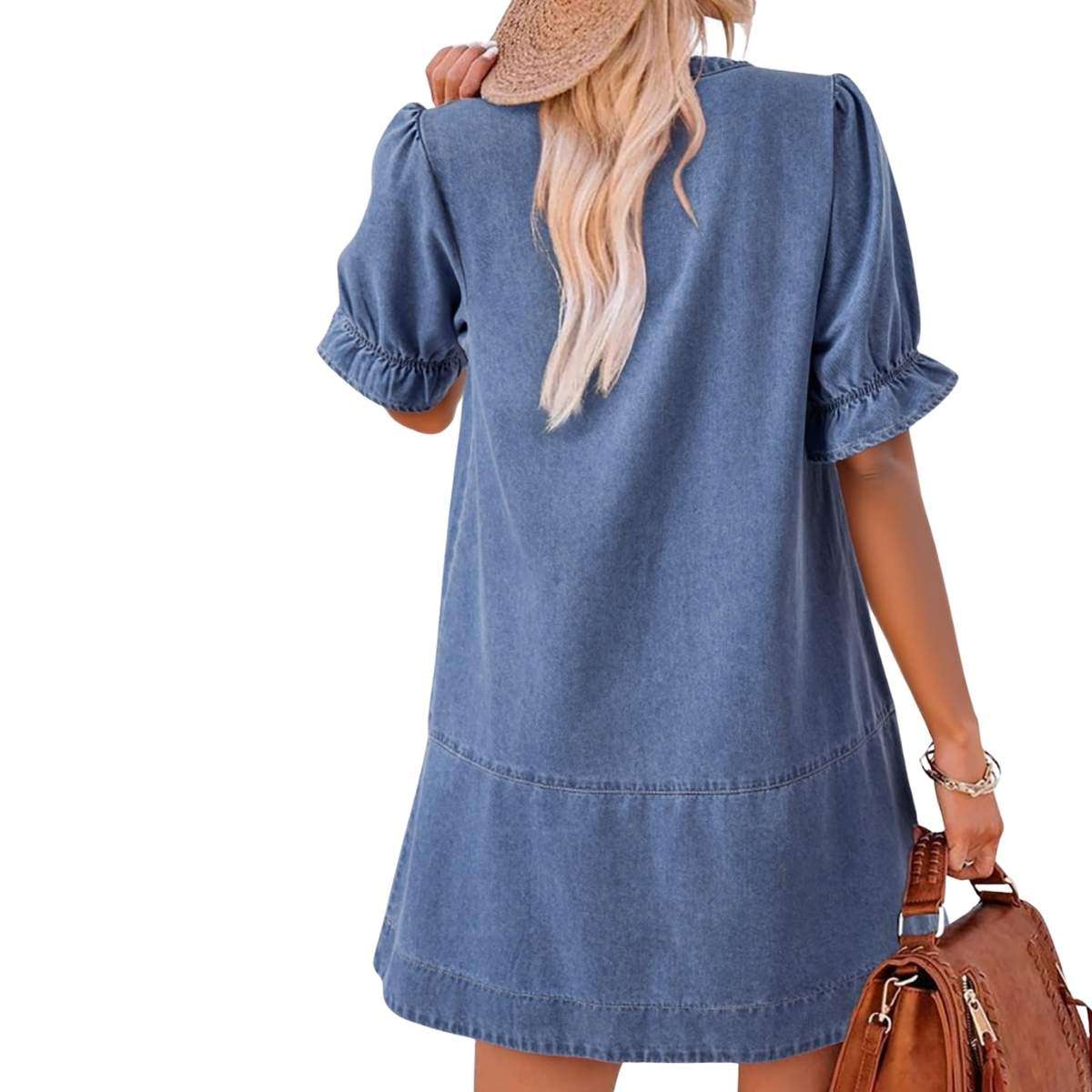 Women’s Button Down Babydoll Denim Ruffle Mini Dress