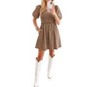 Women’s Western Puff Sleeve Sweetheart Neckline Denim Babydoll Mini Dress