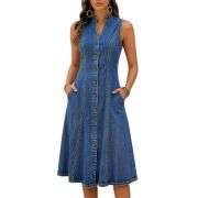 Women’s Sleeveless V Neck Button Front A-Line Pockets Denim Midi Dress