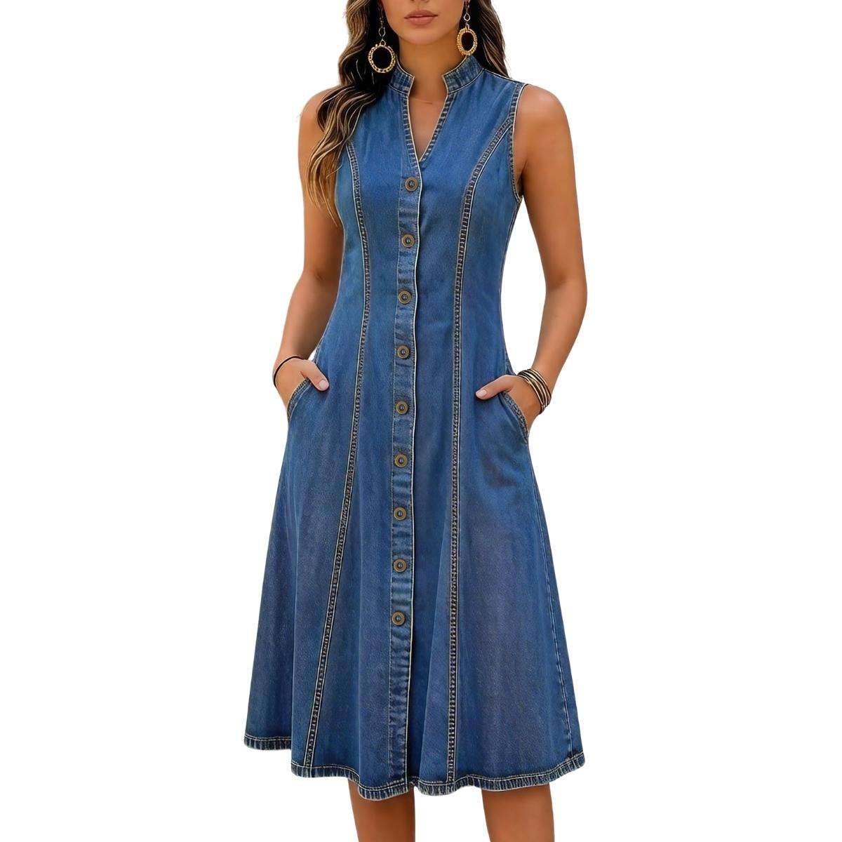 Women’s Sleeveless V Neck Button Front A-Line Pockets Denim Midi Dress
