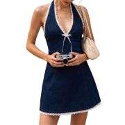 Bow Halter Backless Sleeveless  Lace Trim Denim Mini Dress