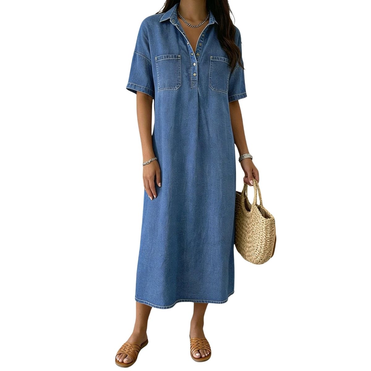 Women’s Distressed Short Sleeve Button Up Pleated Loose Fit Midi Denim Polo Shirt Dress