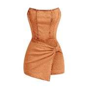 Women’s Y2K Strapless Bodycon Wrap Front Short Denim Romper