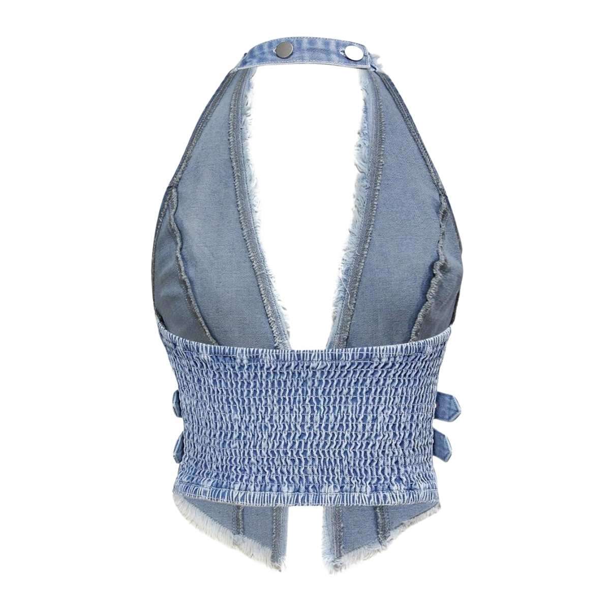 Women’s Y2K Backless Fringe Corset Denim Halter Top