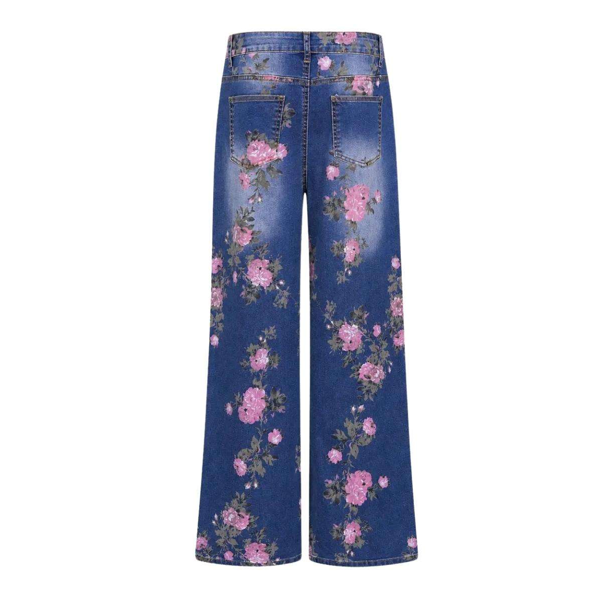 Rhinestone Blossom Print Denim Jeans