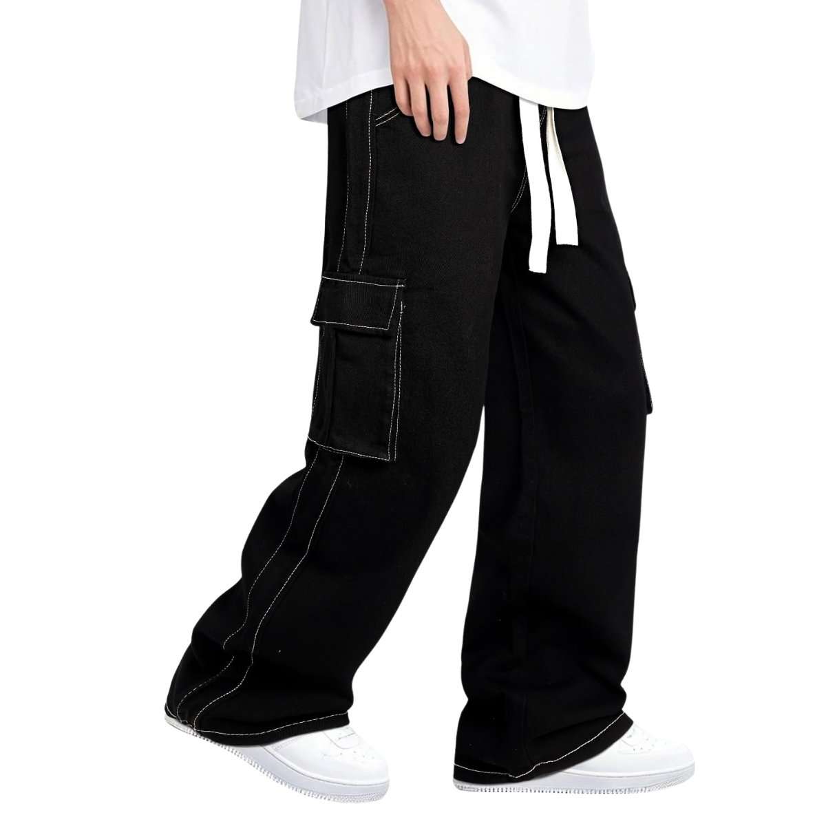 Men’s Drawstring Waist Wide-Leg Baggy Jeans