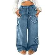 Women’s High Waisted Distressed Heart Pattern Wide Leg Jeans