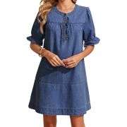 Women’s Button Down Babydoll Denim Ruffle Mini Dress