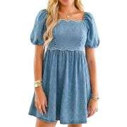 Women’s Western Puff Sleeve Sweetheart Neckline Denim Babydoll Mini Dress