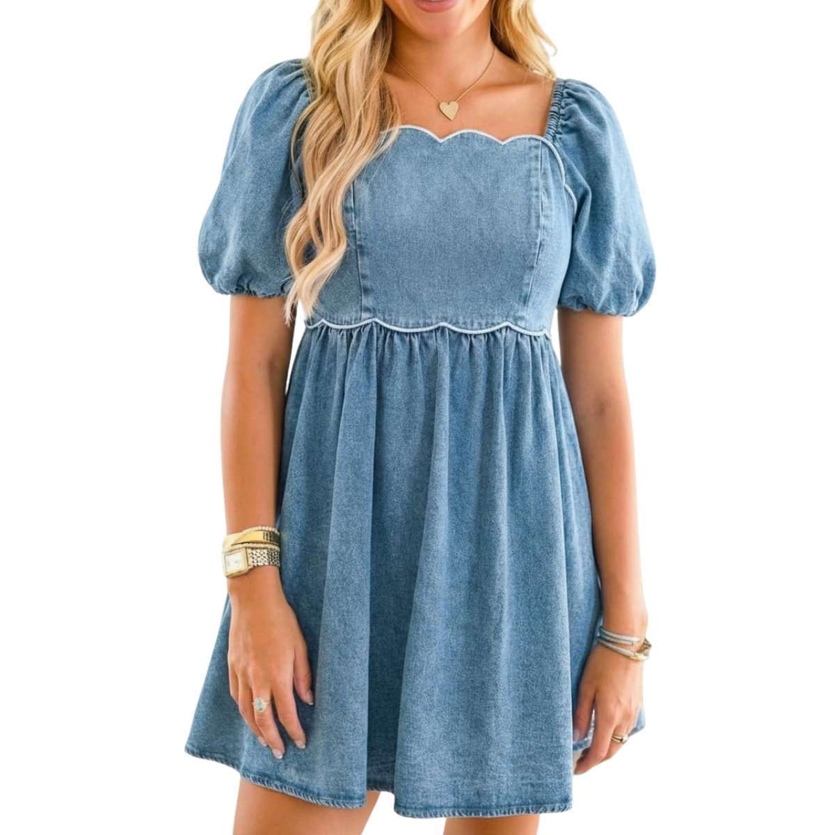 Women’s Western Puff Sleeve Sweetheart Neckline Denim Babydoll Mini Dress