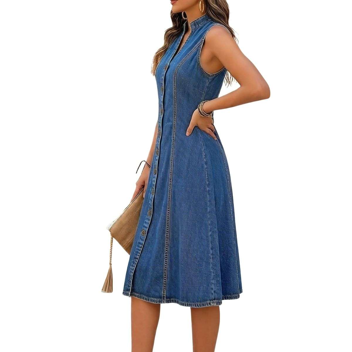Women’s Sleeveless V Neck Button Front A-Line Pockets Denim Midi Dress