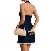 Bow Halter Backless Sleeveless  Lace Trim Denim Mini Dress