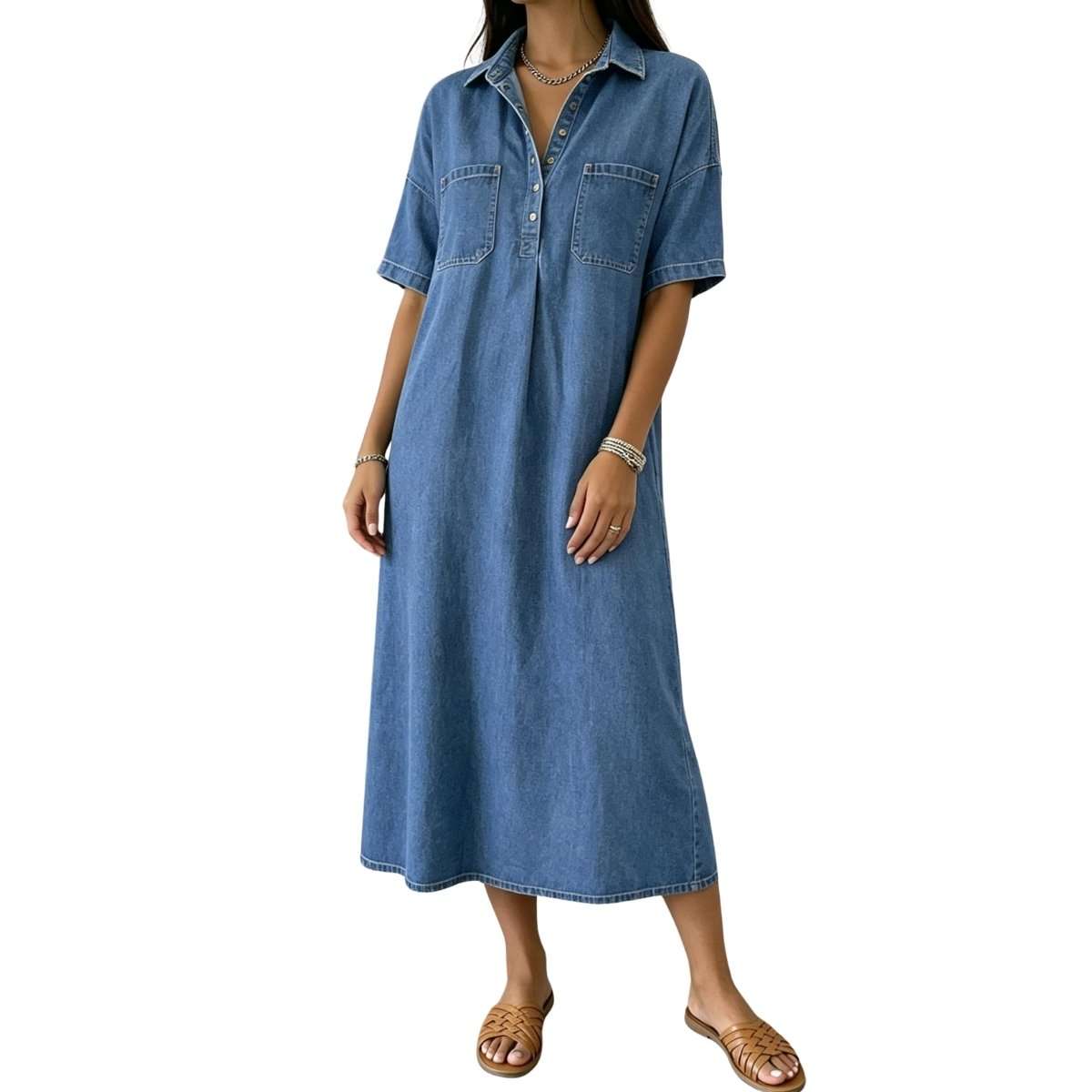 Women’s Distressed Short Sleeve Button Up Pleated Loose Fit Midi Denim Polo Shirt Dress