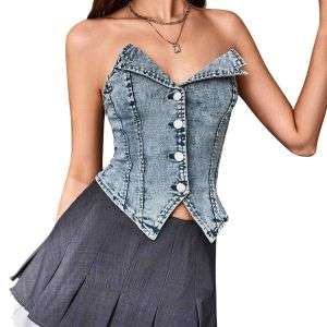 Women's Y2K Button Down Corset Backless Sweetheart Neck Denim Tube Top