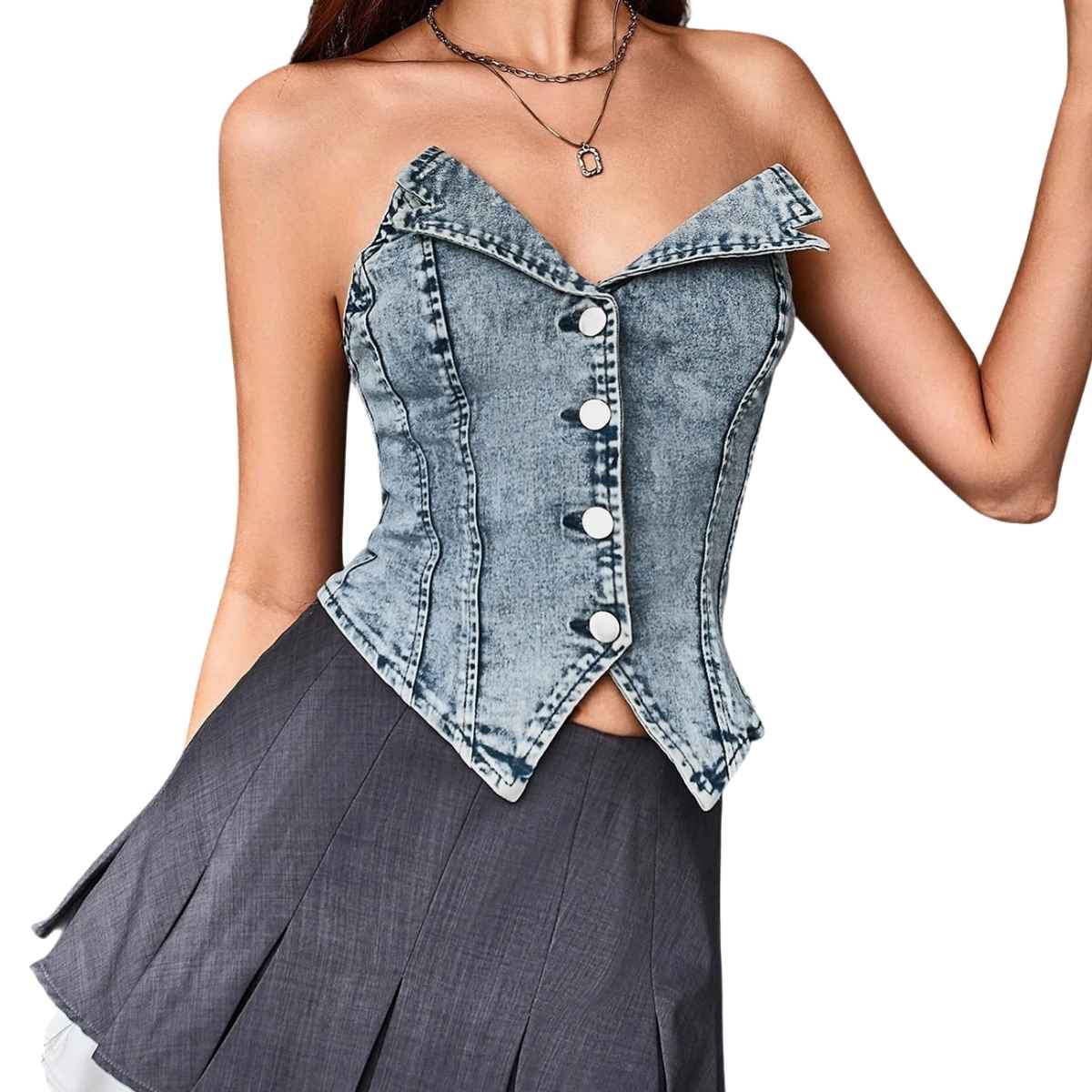Women’s Y2K Button Down Corset Backless Sweetheart Neck Denim Tube Top