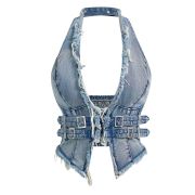 Women’s Y2K Backless Fringe Corset Denim Halter Top