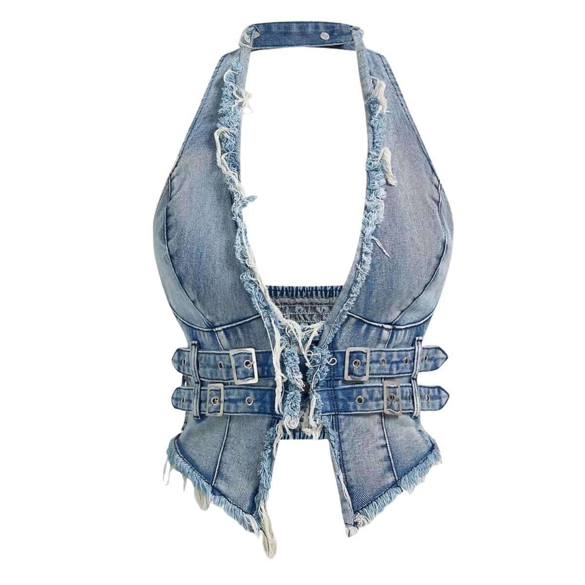 Women’s Y2K Backless Fringe Corset Denim Halter Top