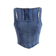 Women’s AsymmetricalSquare Neck Zip Back Denim Corset Crop Top