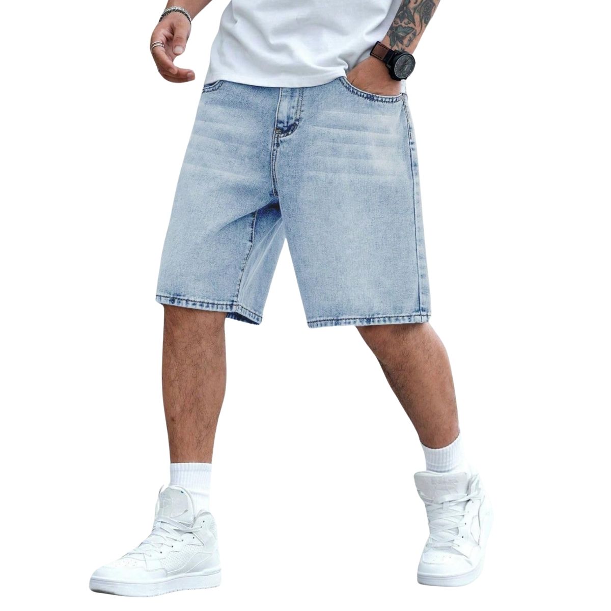 Mid Waist Slant Pockets Baggy Denim Jean Shorts