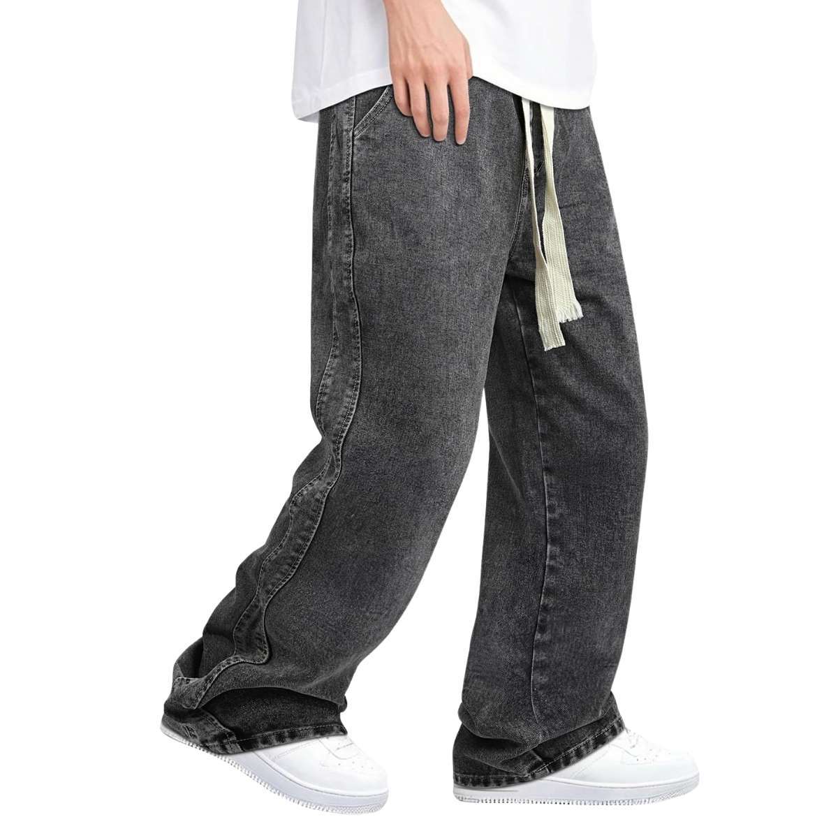 Men’s Drawstring Waist Wide-Leg Baggy Jeans