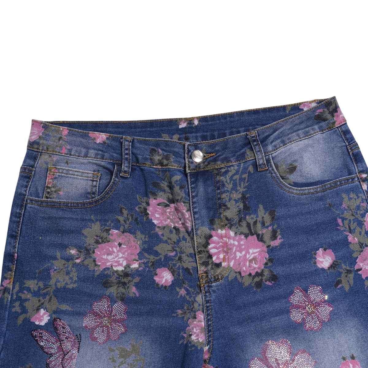 Rhinestone Blossom Print Denim Jeans