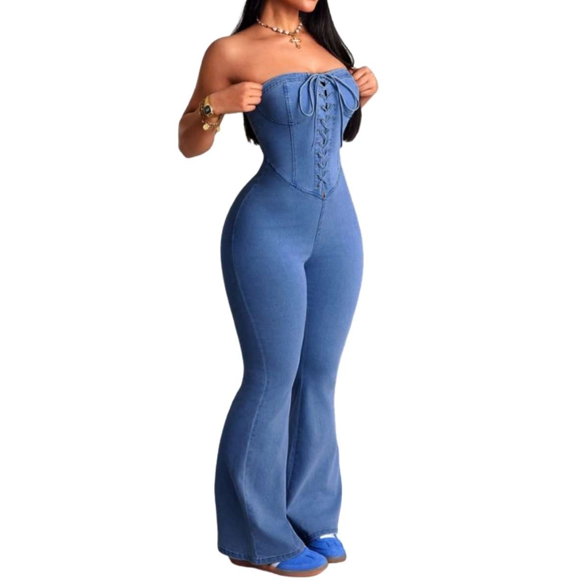Women’s Criss-Cross Bustier Slim Fit Flare Denim Jumpsuit