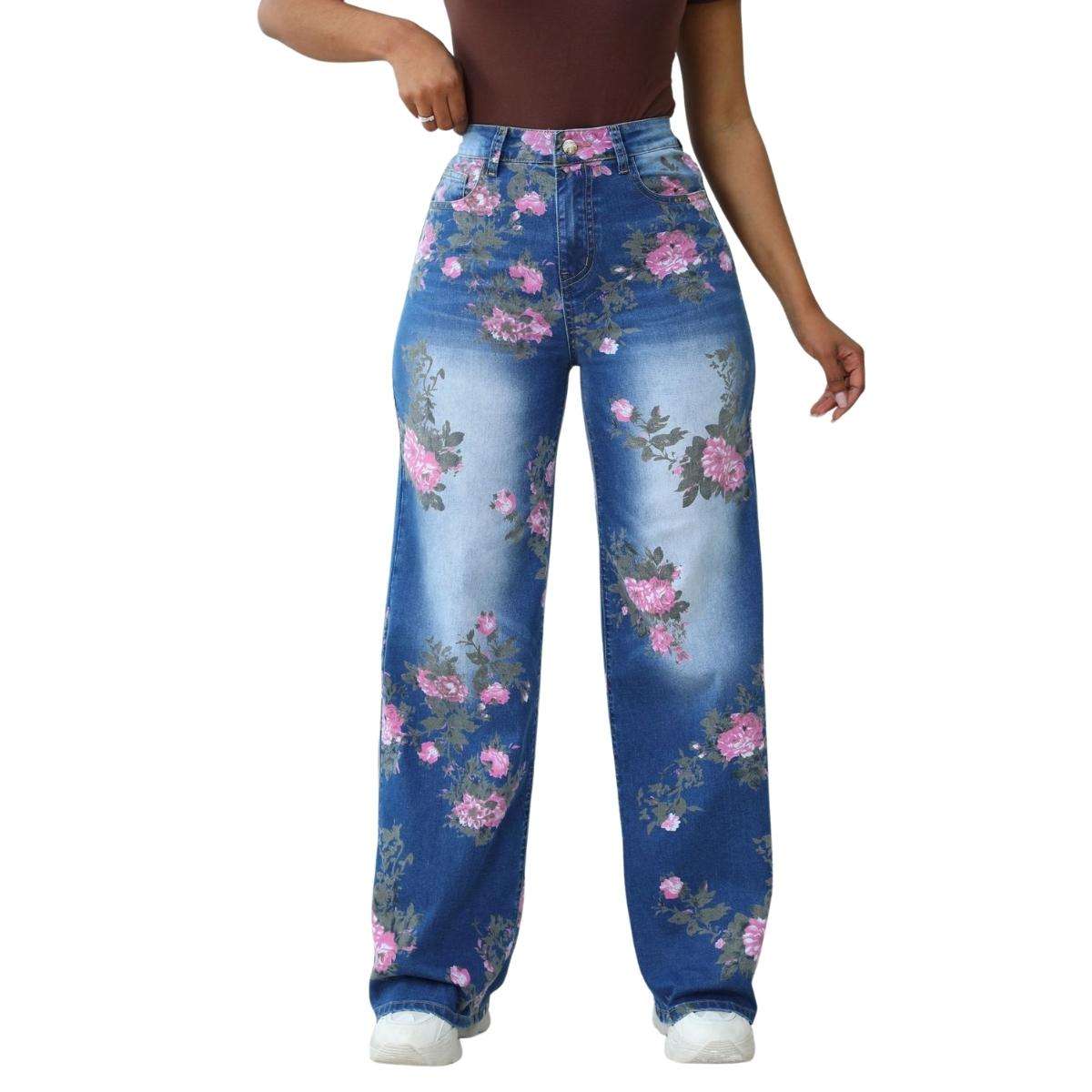 Rhinestone Blossom Print Denim Jeans