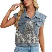 Women’s Vintage Leopard Print Hooded Denim Vest