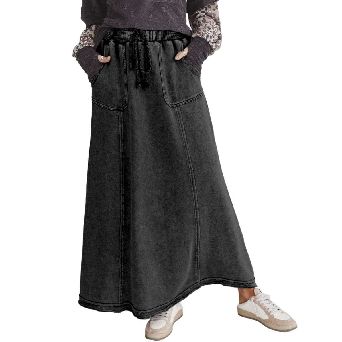 Women’s High Waist Acid Wash Distressed Long Denim Skirt