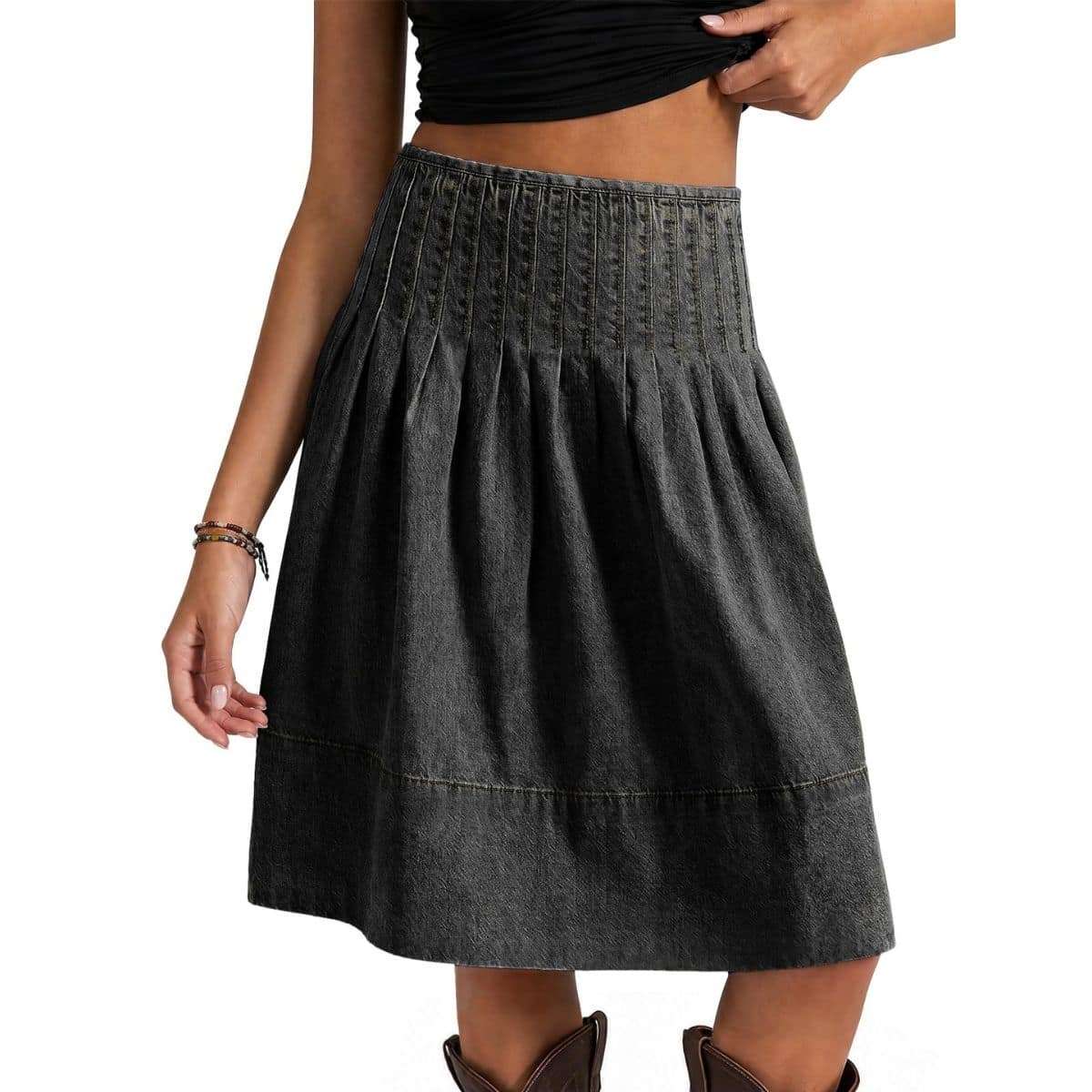 Women’s High Waist Pleated Denim Midi Skirt