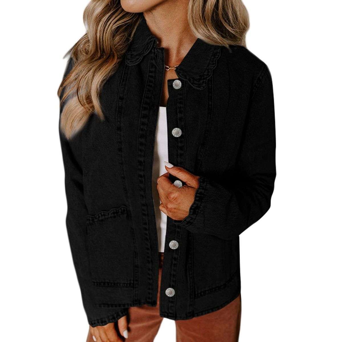 Women’s Relaxed Ruffle Trim Denim Shirt Jacket