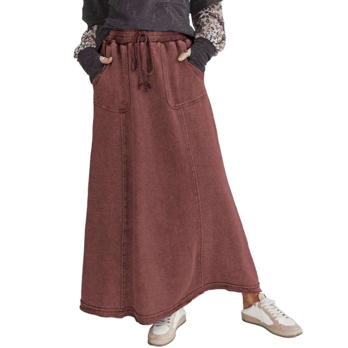 Women’s High Waist Acid Wash Distressed Long Denim Skirt