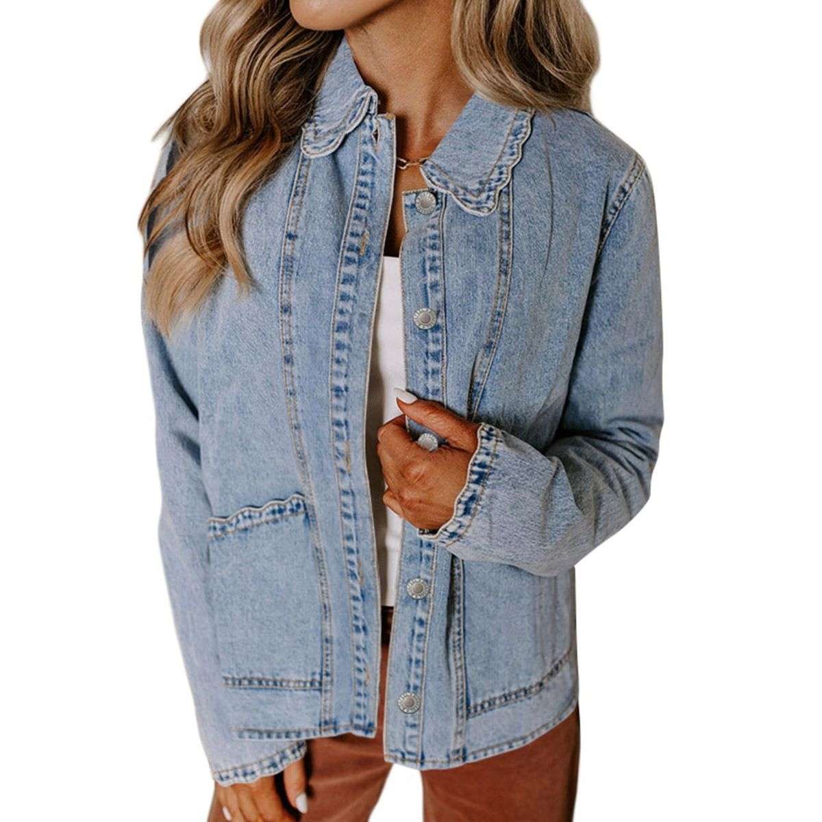 Women’s Relaxed Ruffle Trim Denim Shirt Jacket