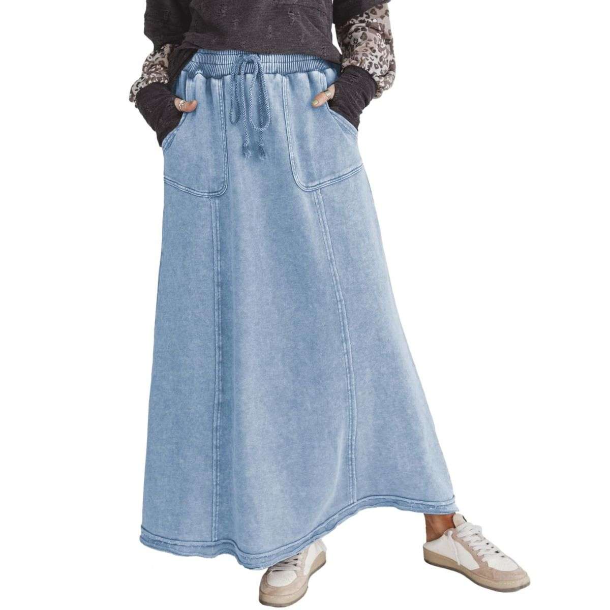 Women’s High Waist Acid Wash Distressed Long Denim Skirt