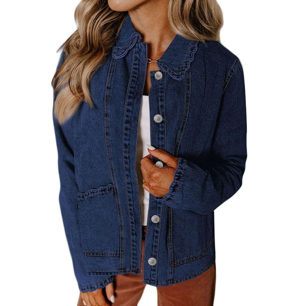 Women’s Relaxed Ruffle Trim Denim Shirt Jacket