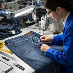 Garment quality inspector checking seam defects in apparel production