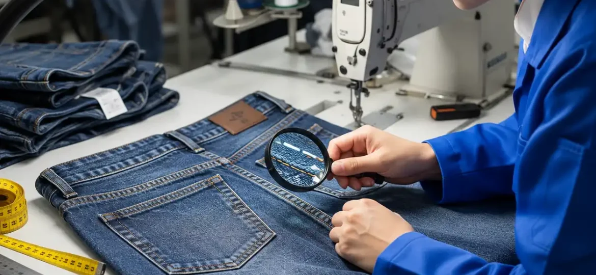 Garment quality inspector checking seam defects in apparel production