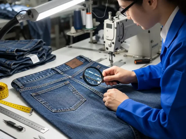 Garment quality inspector checking seam defects in apparel production