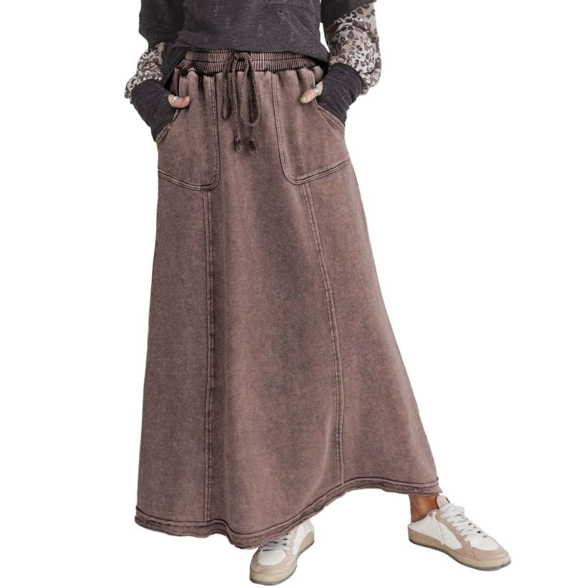 Women’s High Waist Acid Wash Distressed Long Denim Skirt