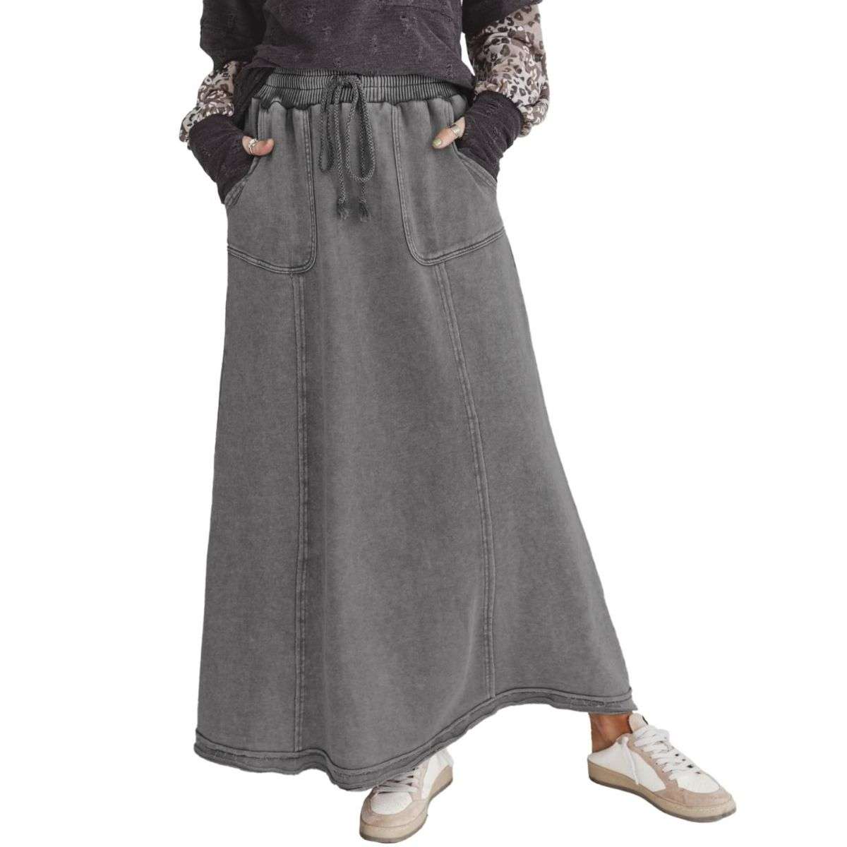 Women’s High Waist Acid Wash Distressed Long Denim Skirt