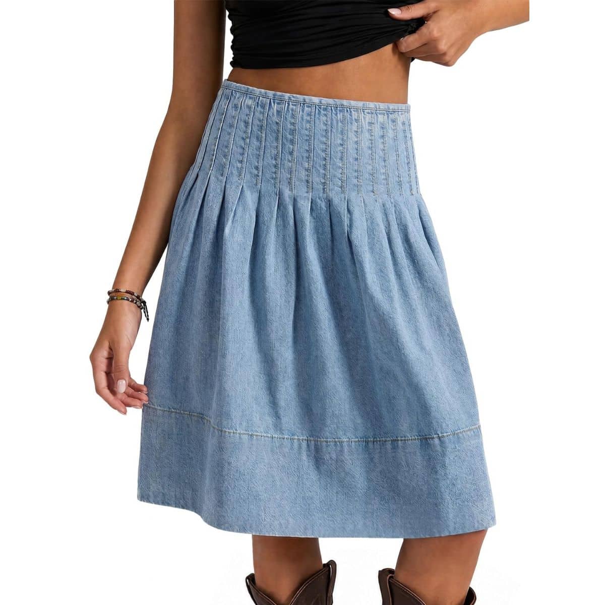 Women’s High Waist Pleated Denim Midi Skirt