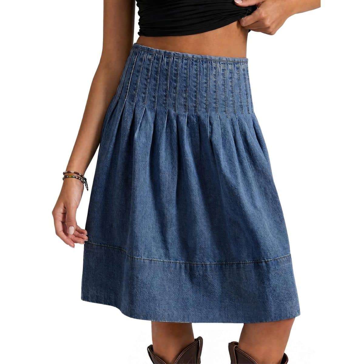 Women’s High Waist Pleated Denim Midi Skirt