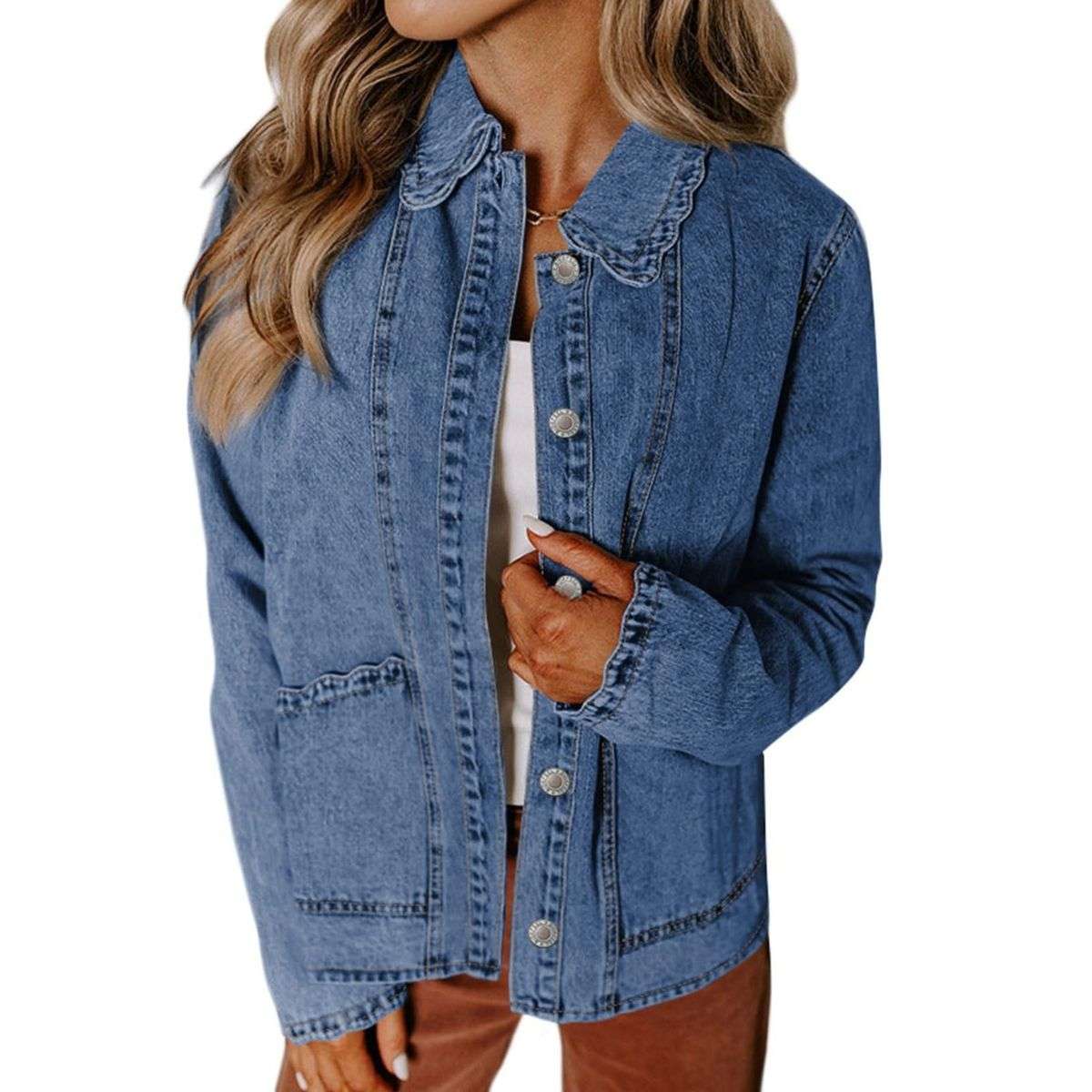 Women’s Relaxed Ruffle Trim Denim Shirt Jacket