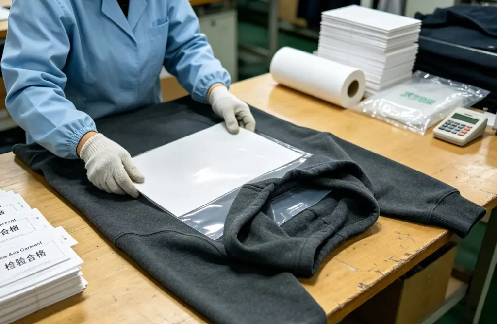 Silica gel desiccant packets placed in export cartons to support moisture control during apparel shipping
