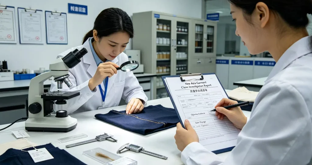 Garment quality inspector checking seam defects in apparel production
