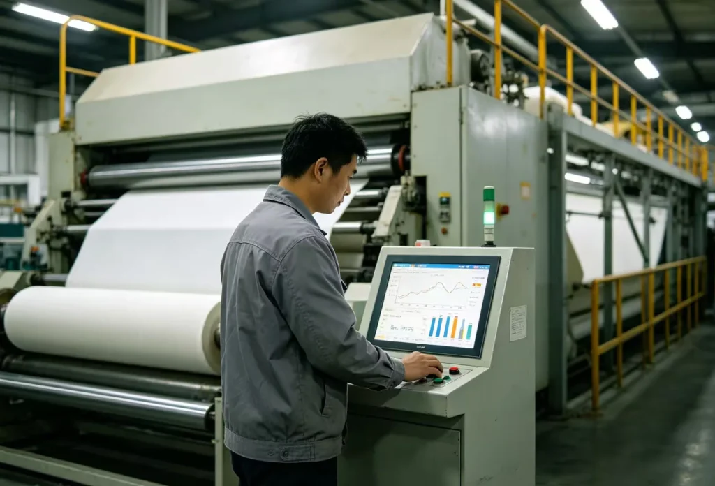 Textile Production Team Monitoring Fabric Finishing Parameters and Batch Consistency