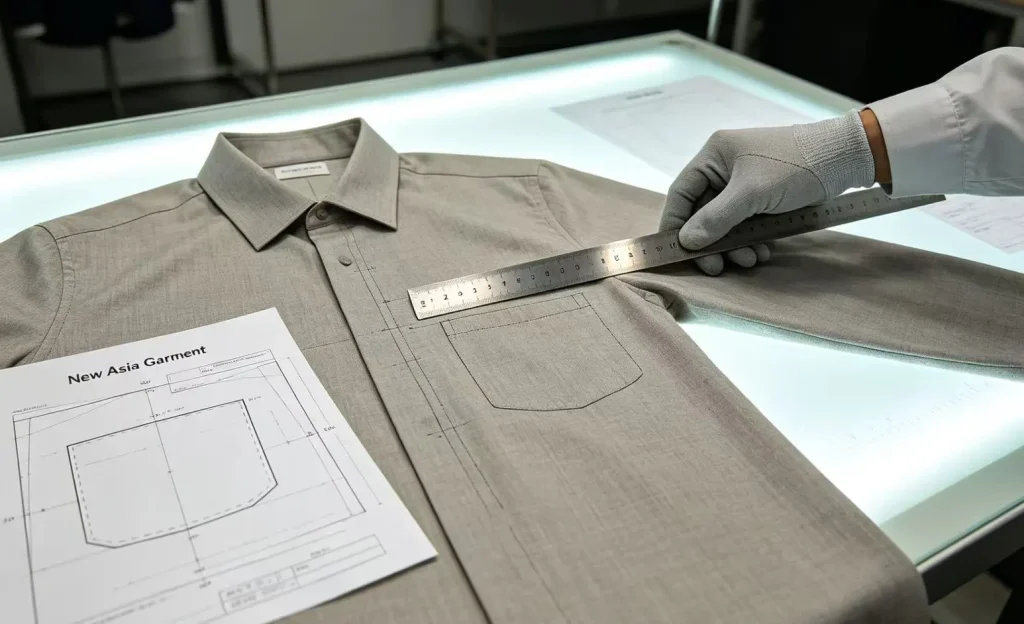 Shirt chest pocket placement and alignment inspection during pre-production sampling