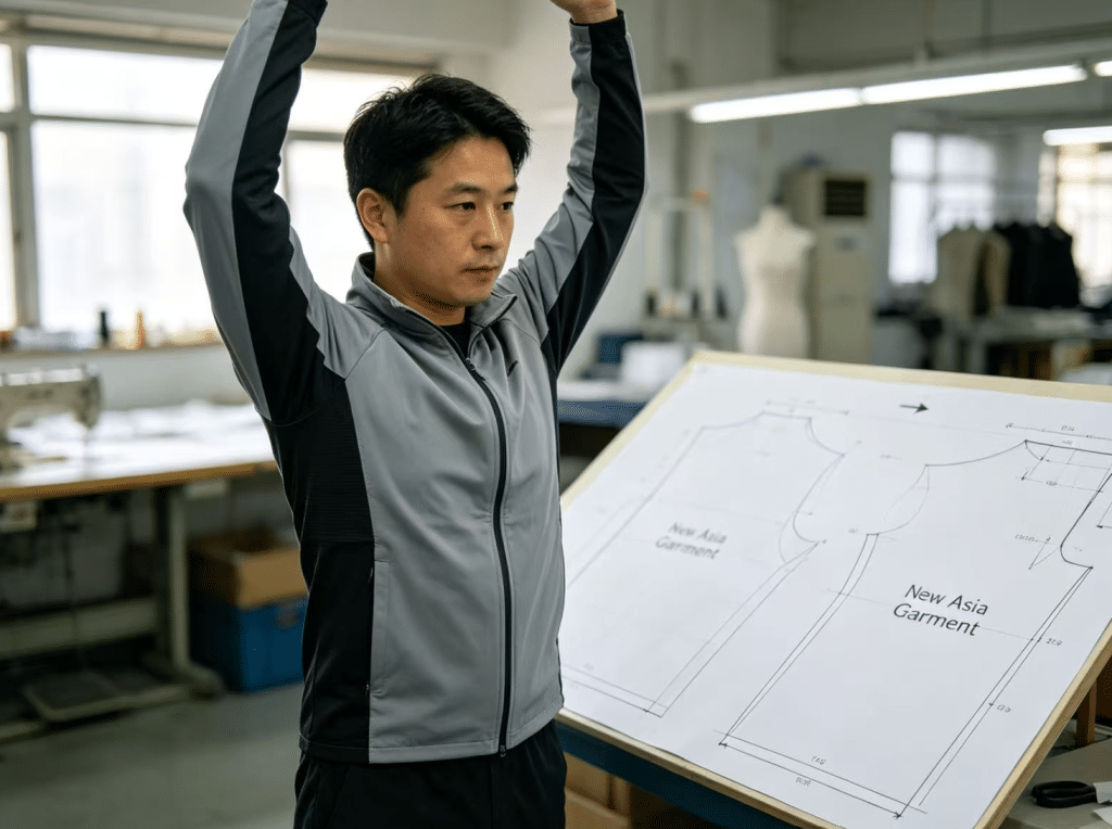 Fit model testing armhole tension, shoulder mobility and hem lift during overhead reaching