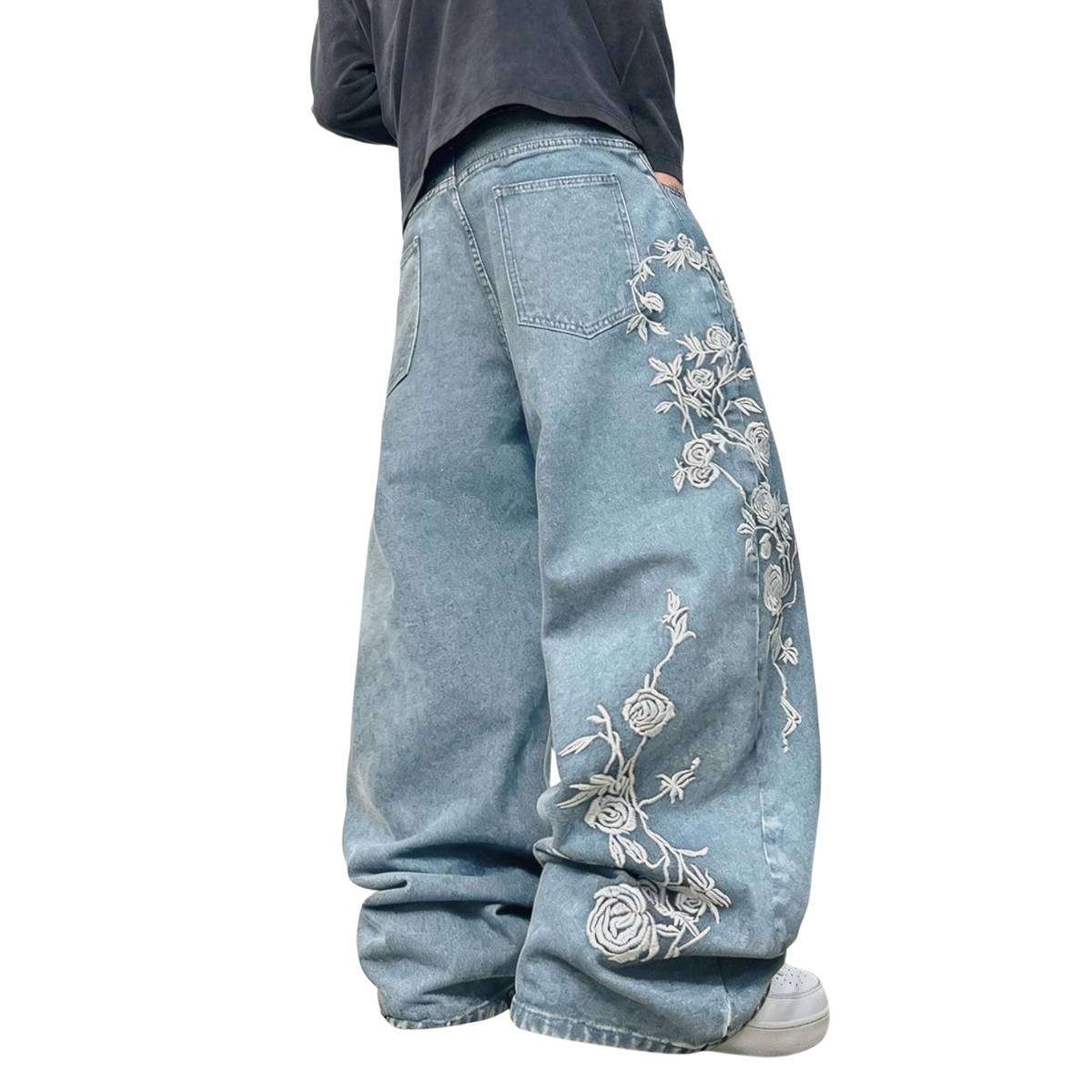 Men’s Y2K Floral Embroidered Baggy Jeans