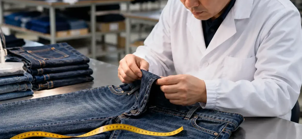 Apparel technician inspecting garment measurements and sewing construction during a factory transfer